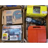 A collection of boxed power tools to include: Black and Decker KS531 jigsaw, hammer drill,