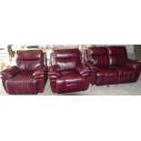 Quality leather 3 piece suite in Burgundy leather: All reclining with one electrical operated item