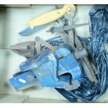 A small collection of tools to include: Record No 2 Bench Vice, Iron Chisels,