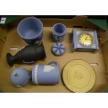 Collection of Wedgwood Jasper ware: to include small planter, mantel clock, vase, tankard, wall