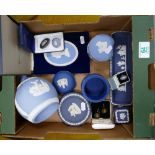 A collection of Wedgwood jasperware items to include: Vases, Boxed Plaque, Jewellery, brooches,