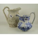 Masons Blue & White Jug: (firing crack to handle) together with a Jones & Walley of Cobridge white