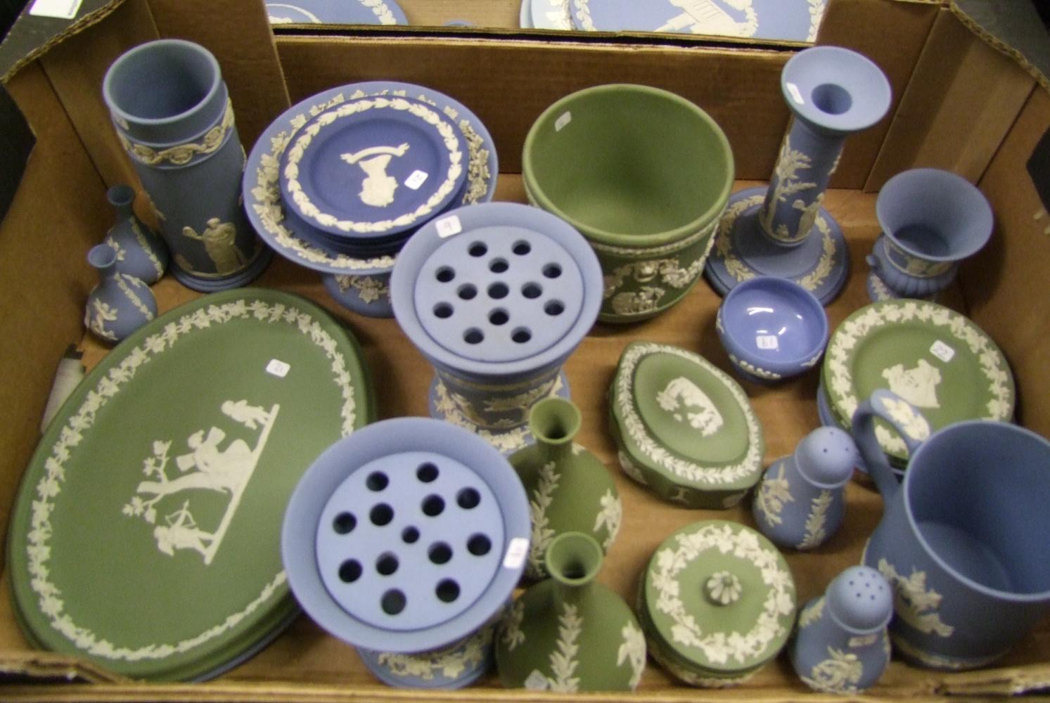 Collection of Wedgwood Jasper ware items to include: oval wall plaques, salt and pepper pots, pair