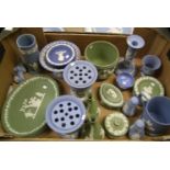 Collection of Wedgwood Jasper ware items to include: oval wall plaques, salt and pepper pots, pair