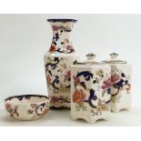 Masons blue Manadley patterned items to include: lidded storage jars ( 15cm), vase 25cm high,