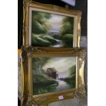 2 framed oil on canvas paintings of water side scenes - signed David A. James.