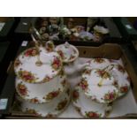 Royal Albert Old Country Roses to include: teapot, wall clock, 3 tier cake stand & 2 tier cake
