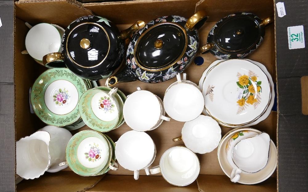 A mixed collection of items to include: Sadlars black and floral tea service, Paragon floral