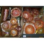 A collection of Fenton & similar orange carnival glass items to include: vases plates, footed