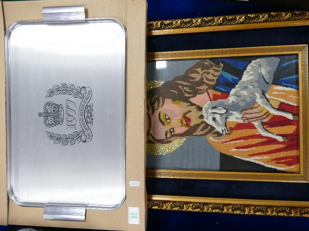 Boxed commemorative stainless steel tray together with framed craft work study of Christ (2)