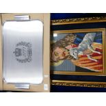 Boxed commemorative stainless steel tray together with framed craft work study of Christ (2)
