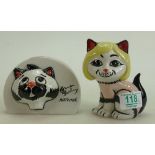 Lorna Bailey Novelty Cat Figures: Lady Cat & Art Ware Cat Plaque, height 12cm (2)