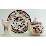 Masons blue Manadley patterned items to include: teapot, water jug and 26cm wall plate (3)