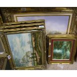 6 framed oil on canvas paintings to include: 1 hunting scene, 2 water side and 3 countryside scenes.