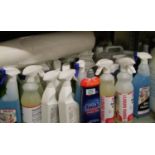 A quantity of cleaning items: to include glass cleaner, bleach, Finish rinse aid etc.