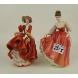 2 Royal Doulton figures: Fair Lady (coral pink) HN2835 and Top O' The Hill.