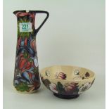 Moorcroft Red Ribbons jug height 24cm (chip to top rim) together with Moorcroft Bramble bowl (damage