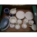 Wedgwood white coffee ware: Queensware sauce boat, jasperware jug and vase, Royal Doulton Yorktown