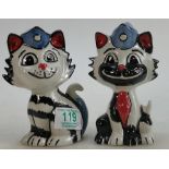 Lorna Bailey Novelty Cat Figures: both in Thunderbird type hats, height 14cm (2)