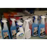 A mixed collection of cleaning products to include: carpet shampoo, surface cleaner, dusters,