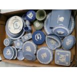 A large mixed collection of Wedgwood Jasperware to include: lidded boxes, ashtrays, Sage Green