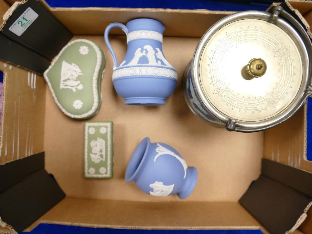 A collection of Wedgwood items to include: silver plate & jasper blue biscuit barrel, sage green