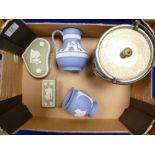 A collection of Wedgwood items to include: silver plate & jasper blue biscuit barrel, sage green