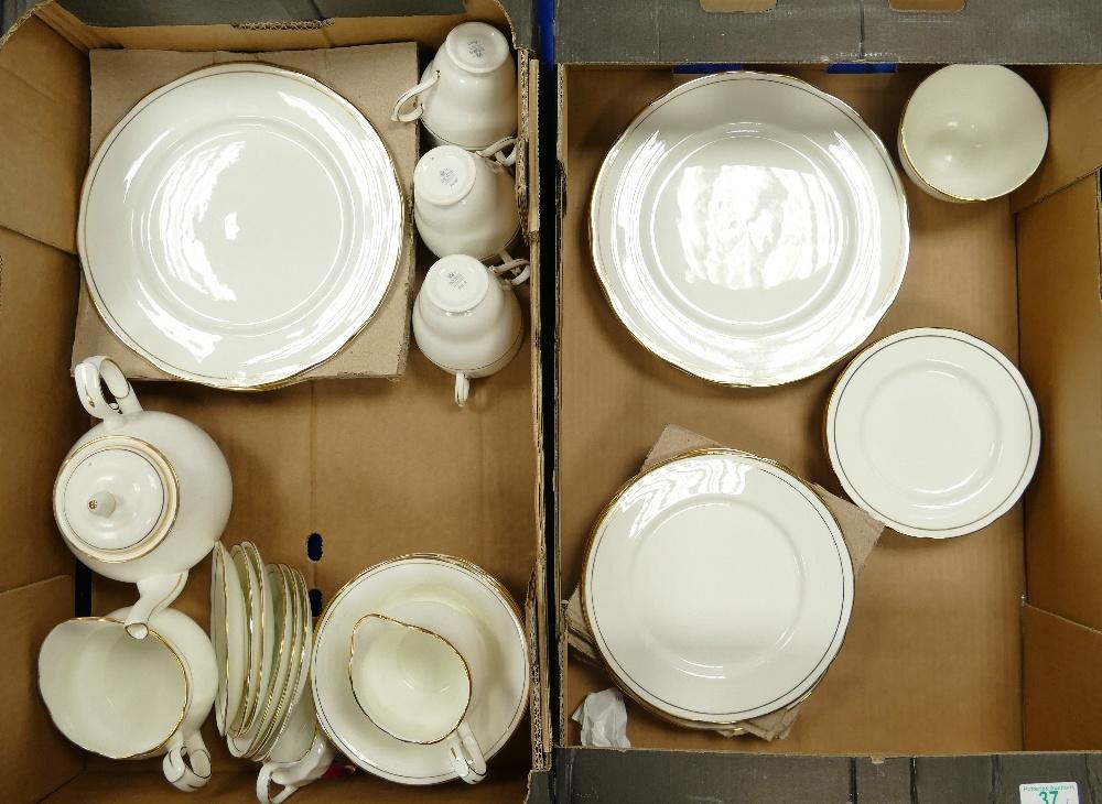 Duchess Gilt banded tea and dinnerware to include: tea set, dinner plates, bowls etc (2 trays)