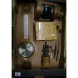 Oak wooden barometer, brass Miners lamp together with a musical cigarette box, etc - (1 tray)