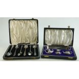 Miniature silver 5 piece Tea set: Cased tea set with tray measuring 15cm wide, modern hallmarks,