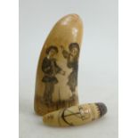 A 19th century Scrimshaw Whales Tooth: Incised with a holy bible,