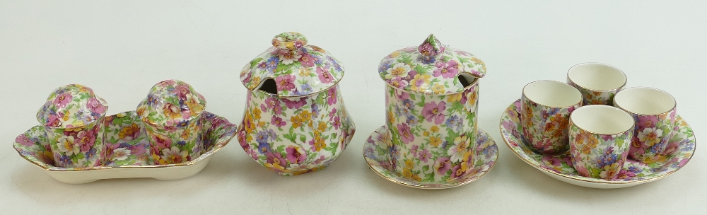 James Kent Chintz Du Barry Fenton Pottery items to include: Egg cup set on tray,