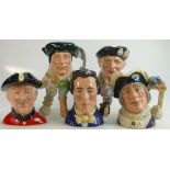 Royal Doulton large character Jugs: Sir Thomas Moore D6792, Monty D6202, Chelsea Pensioner D6817,