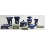 A collection of Wedgwood Jasperware: Including small Portland vase, vases,