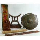 Asian wooden items: Including carved wood stand, Thai carved musician, brass Indian gong etc.