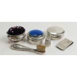 Collection of 6 silver collectables: Includes hallmarked silver circular boxes, pin cushion,