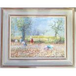 Jeffrey Pratt Oil on Canvas children picking flowers: Measures 44.5cm x 59cm.