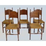 Set of 5 English Arts & Crafts Oak Chairs: Glasgow school influenced,