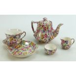 James Kent Chintz Du Barry Fenton Pottery items to include: Tea pot, milk, sugar and tennis set,