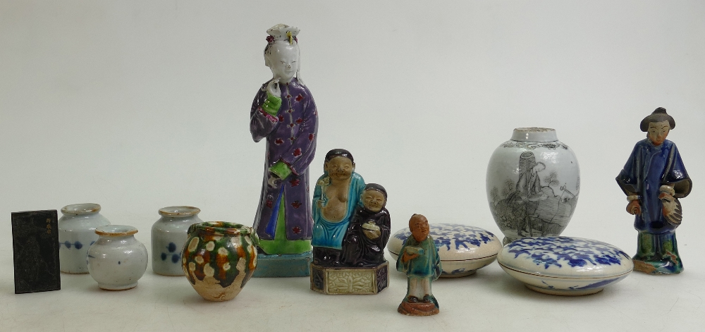 Collection of 14 Chinese & Japanese Oriental ceramics: Includes, figures, vases,