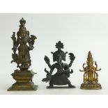 Three Indian or similar bronze / brass Gods / Goddesses figures: Measuring 11 - 21.5cm high.