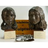 Klara Thomas 1970s plaster Sculpture busts of Women on wooden bases: Together with posters and