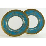 Minton gilded plates: Minton gilded cabinet plates on aqua blue ground, diameter 27cm.