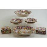 James Kent Chintz Du Barry Fenton Pottery items to include: Large fruit bowl and six smaller