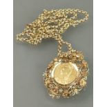 9ct gold Pendant & Chain set with Full Sovereign: Full sovereign dated 1889 with ornate 9ct gold