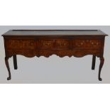 19th Century Oak cross banded Dresser Base: With Queen Anne legs and 3 drawers central,