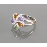 White gold Ring with Topaz, Amethyst Peridot and Diamonds: Stamped Sadeis, size M, Weight: 5.