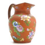 A Wedgwood Antico Rosso large Club jug: Hand Painted enamel decoration with Chinese Flowers and
