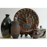 A collection of Studio pottery: Including various vases and a round embossed plaque decorated with