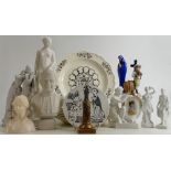 A collection of pottery Figures: Including Parian figures, set of Wedgwood American plates,
